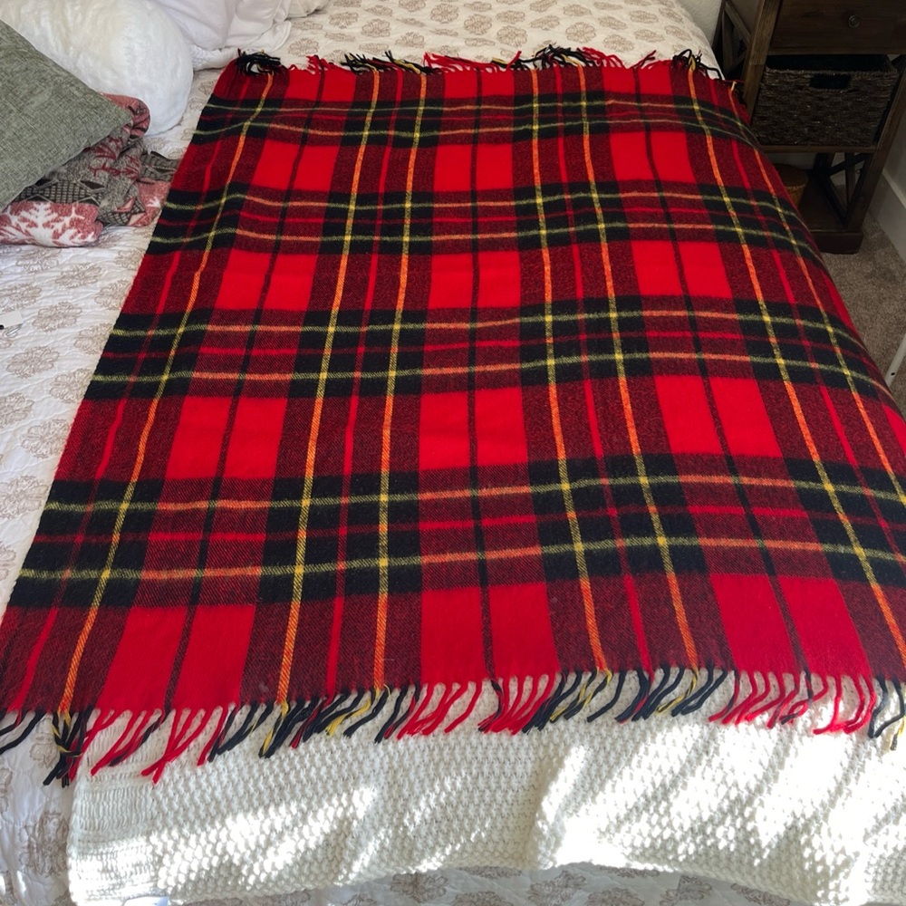 Vintage Red Tartan Plaid Sears Stadium Throw Blanket Wool Blend 54 x 52